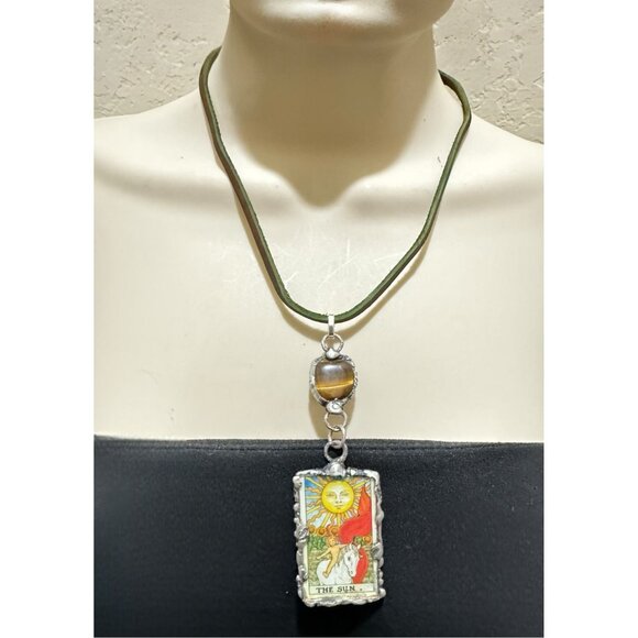 Tarot Card Mixed Media & Artisan Metalwork Tiger Eye Pendant Leather Necklace - Picture 8 of 11